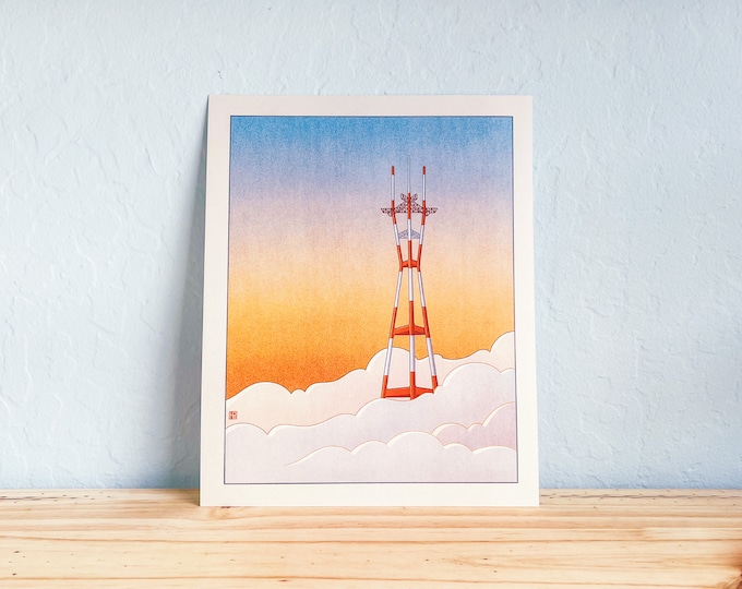 San Francisco's Iconic Sutro Tower: Ukiyo-e Inspired Sunset Illustration Print