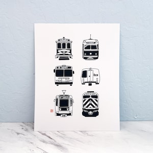 San Francisco Transit | Illustrated Cable car, Streetcar, Muni bus, Bart, Muni Metro, Caltrain | Hand-drawn 8x10 Print