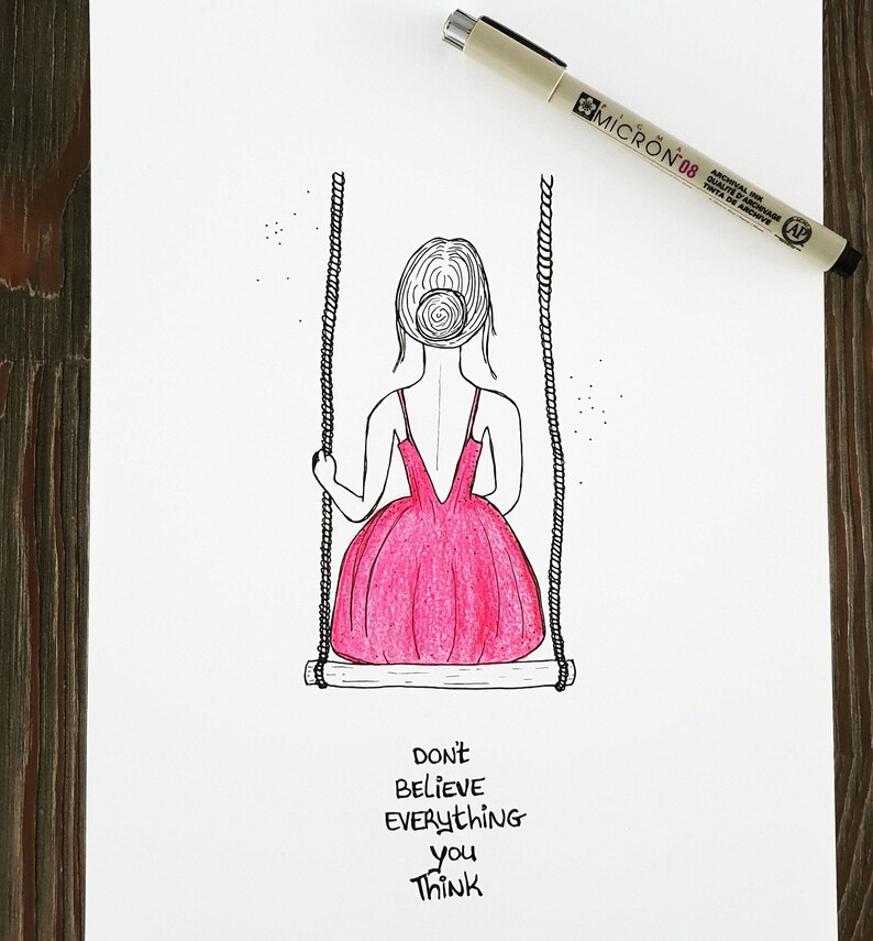 Girl Swing Quote Handmade Drawing Coloured Pencil Original Present Frame Included