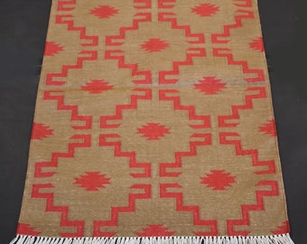 Handmade Gold Red Cotton Kilim Rug | Traditional Turkish Attractive Designer Islamic prayer mat | Janamaz Flat Woven Rug 2x3 feet