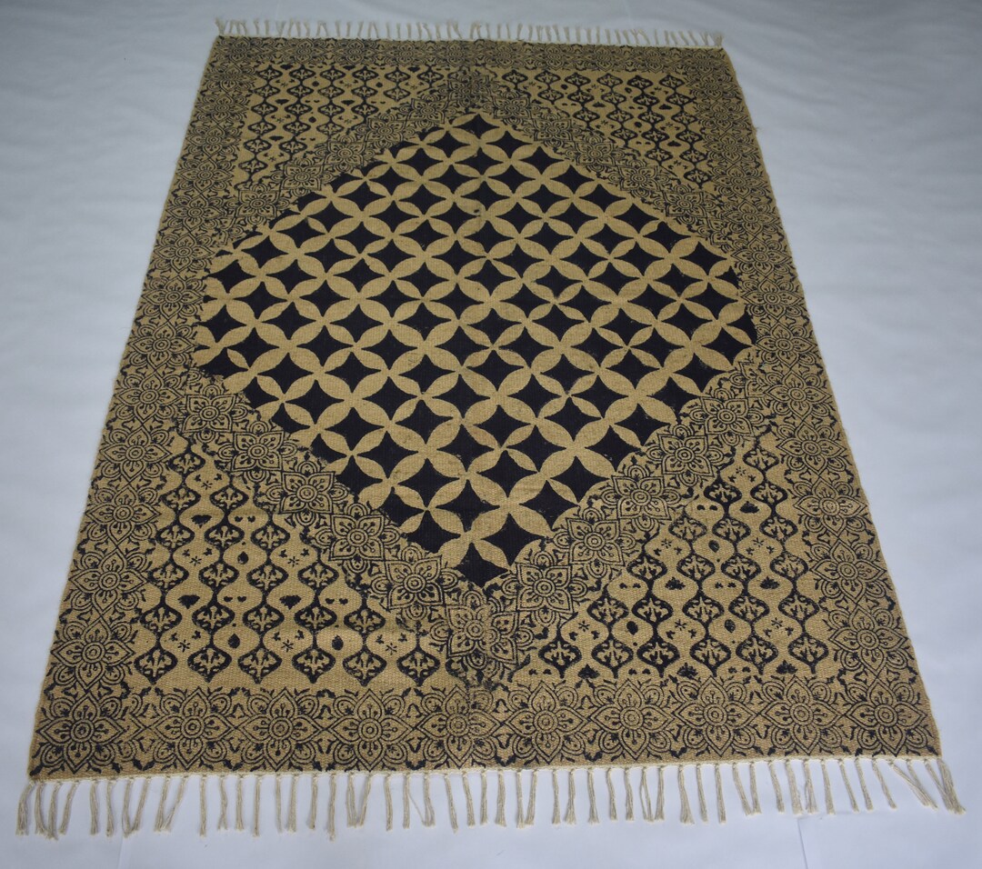 Ethically Sourced Jute Block Print Rug Sustainable Home Accent, Living