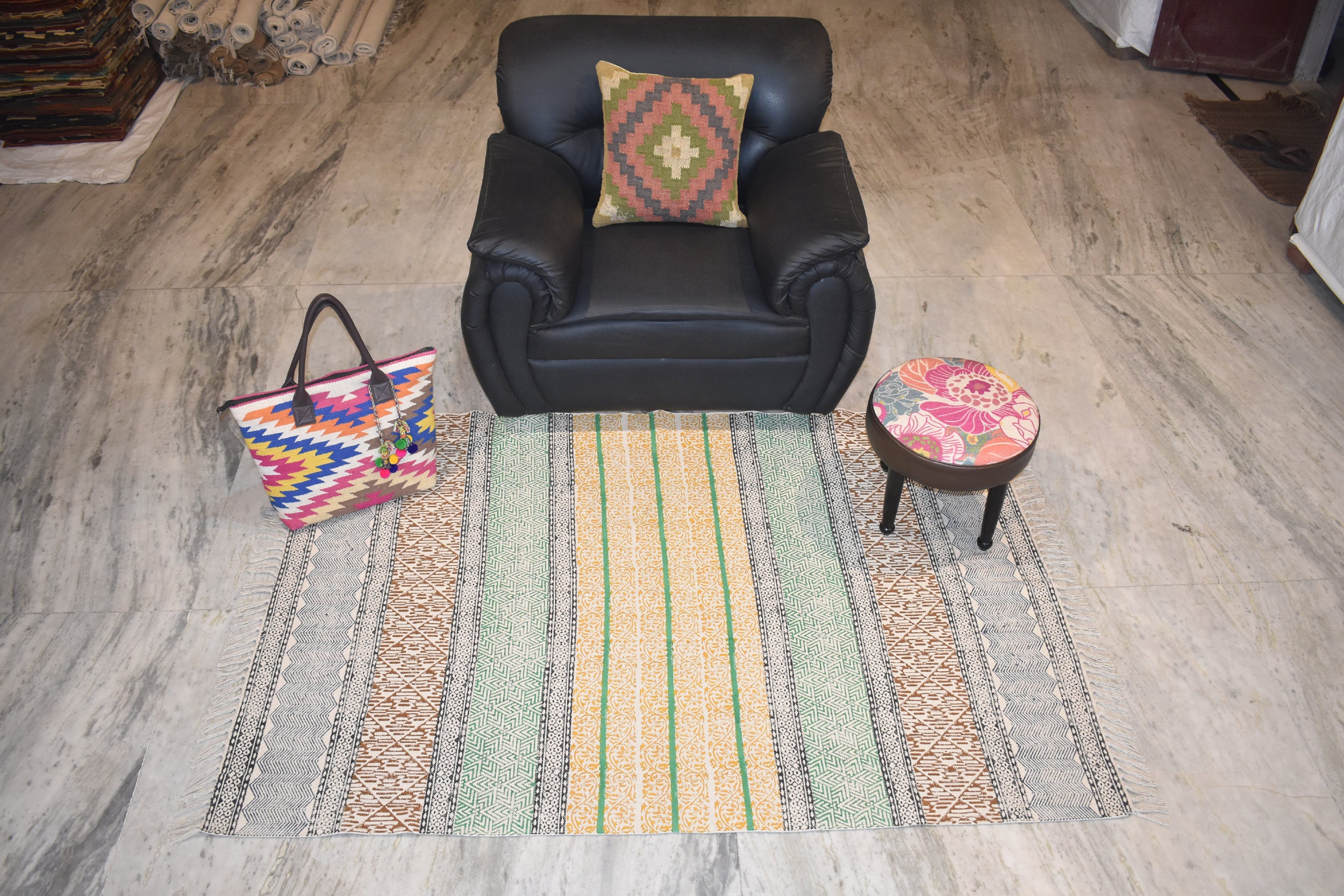 Traditional Oriental Block Print Cotton Area Rug Dining Room Rug Carpet 3x5 Feet 