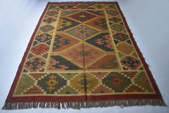 Handwoven Jute Wool Kilim Rug Turkish Dhurrie