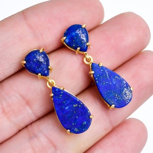 Natural Pear Cut Lapis Lazuli  925 Sterling Silver Gold Plated Handmade Jewelry,  Stud Drop Earrings, Gift For Her, Anniversary Gift