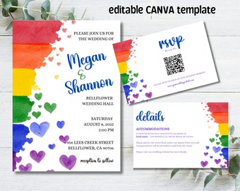 RAINBOW Wedding Invitation, Gay Wedding Invite, Same Sex Wedding Card, LGBTQ Wedding, Lesbian Wedding, Instant Download Editable Invitation