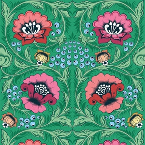 May include: A seamless pattern featuring stylised flowers with red, pink, and yellow petals. The flowers are surrounded by green leaves and blue berries. The background is a vibrant green.