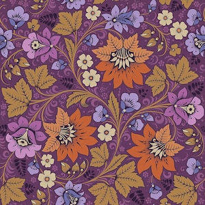 May include: A seamless floral pattern with stylized flowers and foliage in purple, orange, gold, and cream. The design features large, ornate blooms and detailed leaf patterns on a deep purple background.