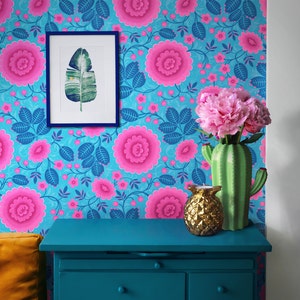 Bold Floral Wallpaper Sample, Turquoise Wall Decor, Large Pink Flowers, Peonies,  Feature wallpaper, Wall Mural, Maximalist Style
