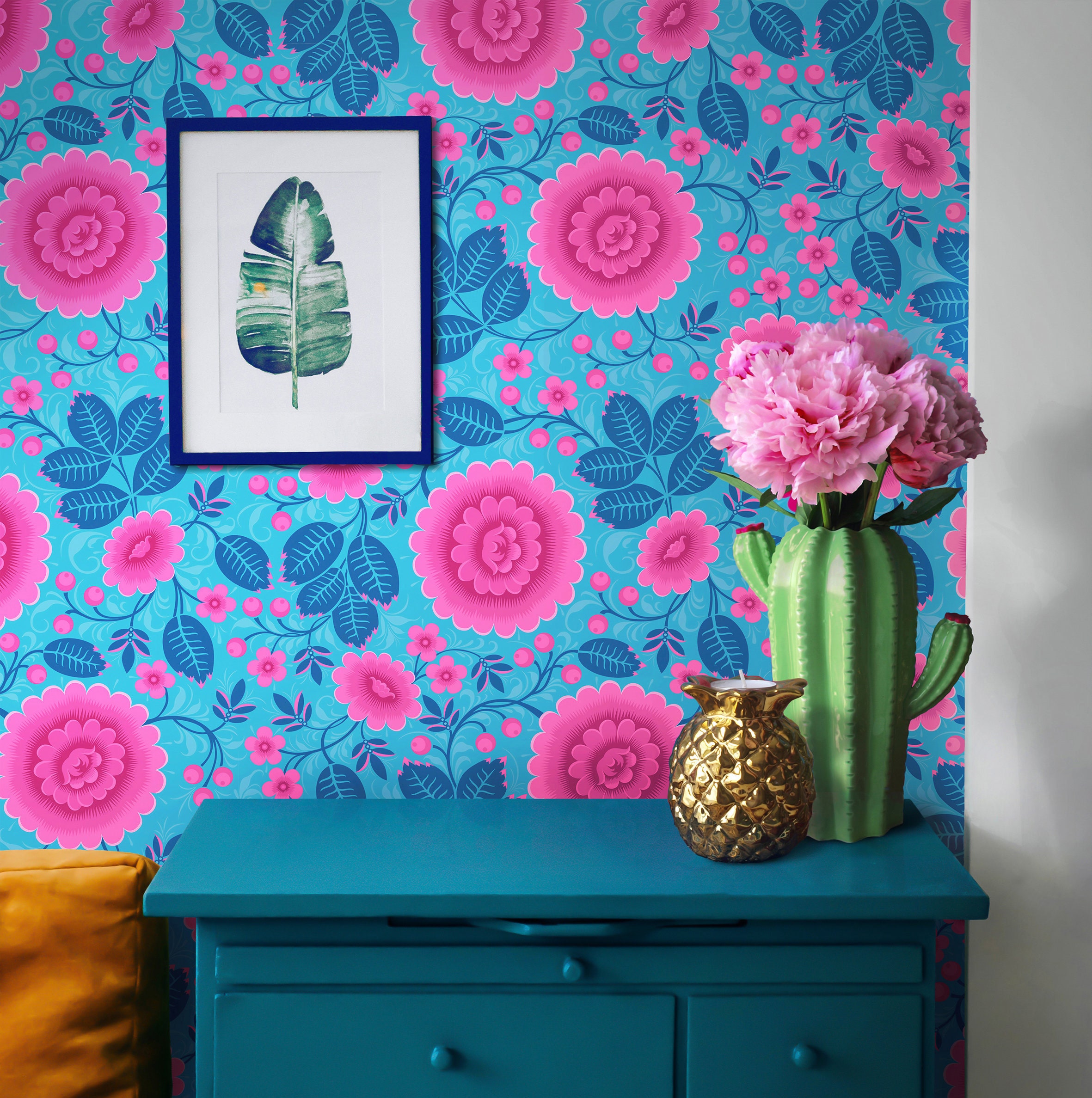 Turquoise Pink Flower Wallpaper
