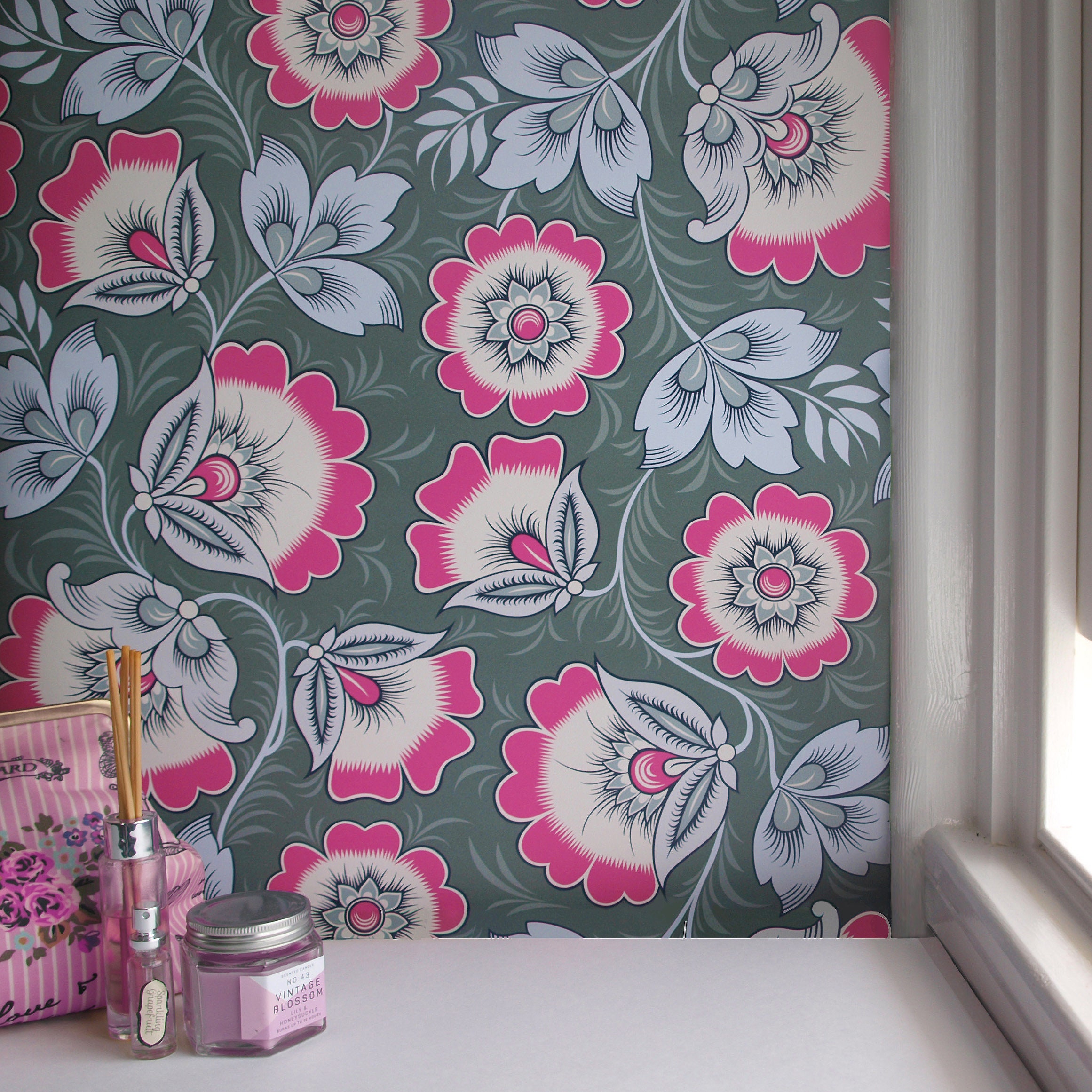 Pink And Grey Wallpaper Sample Hot Pink Floral Wallcovering Etsy