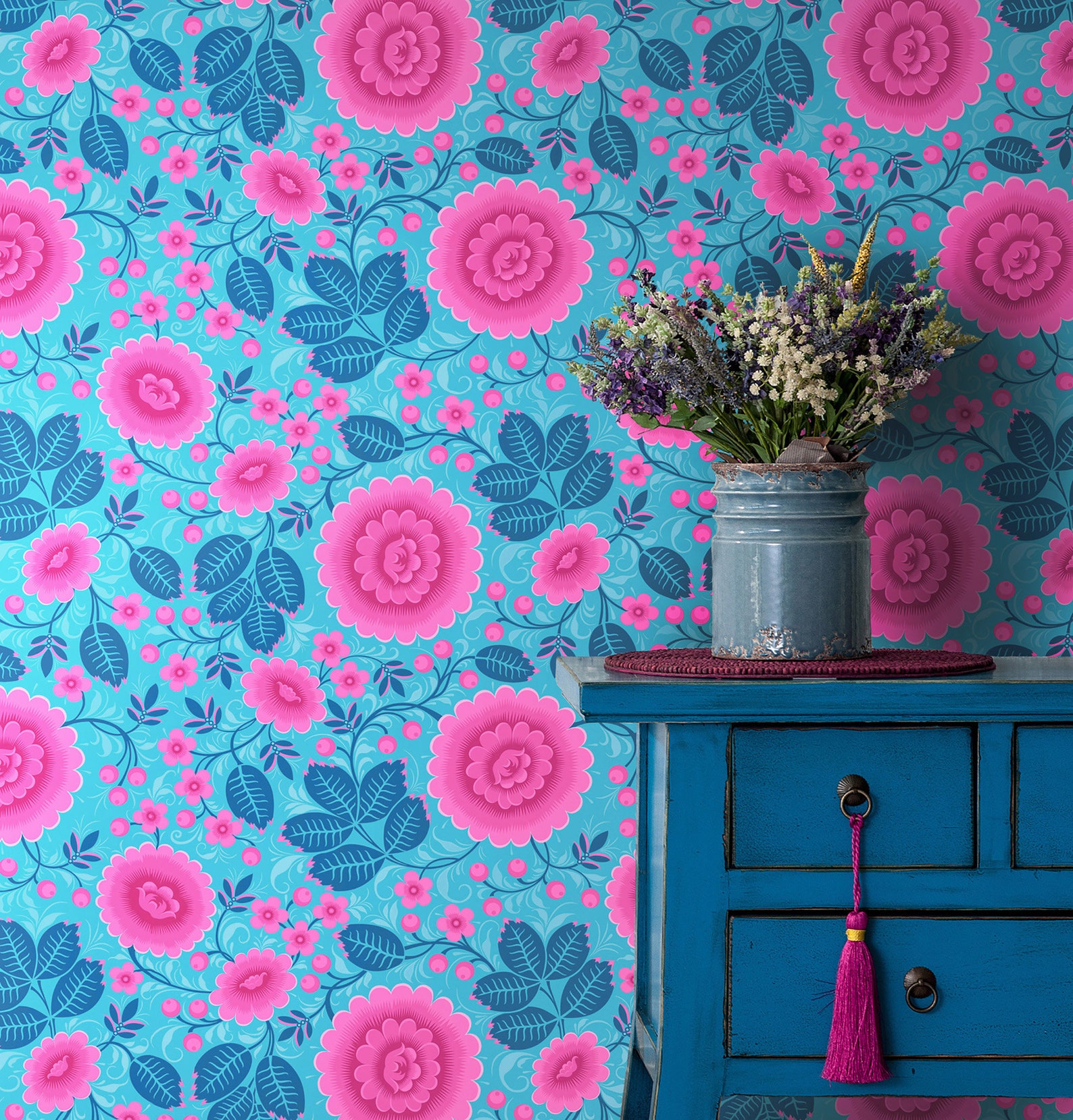 Wallpaper Pink and Blue Floral Wallpaper Large Pink Flowers Etsy UK