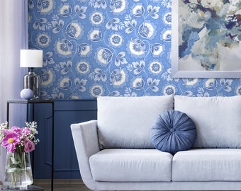 Blue Wallpaper Sample, Blue and White Floral Motif, Non Woven Wallcovering