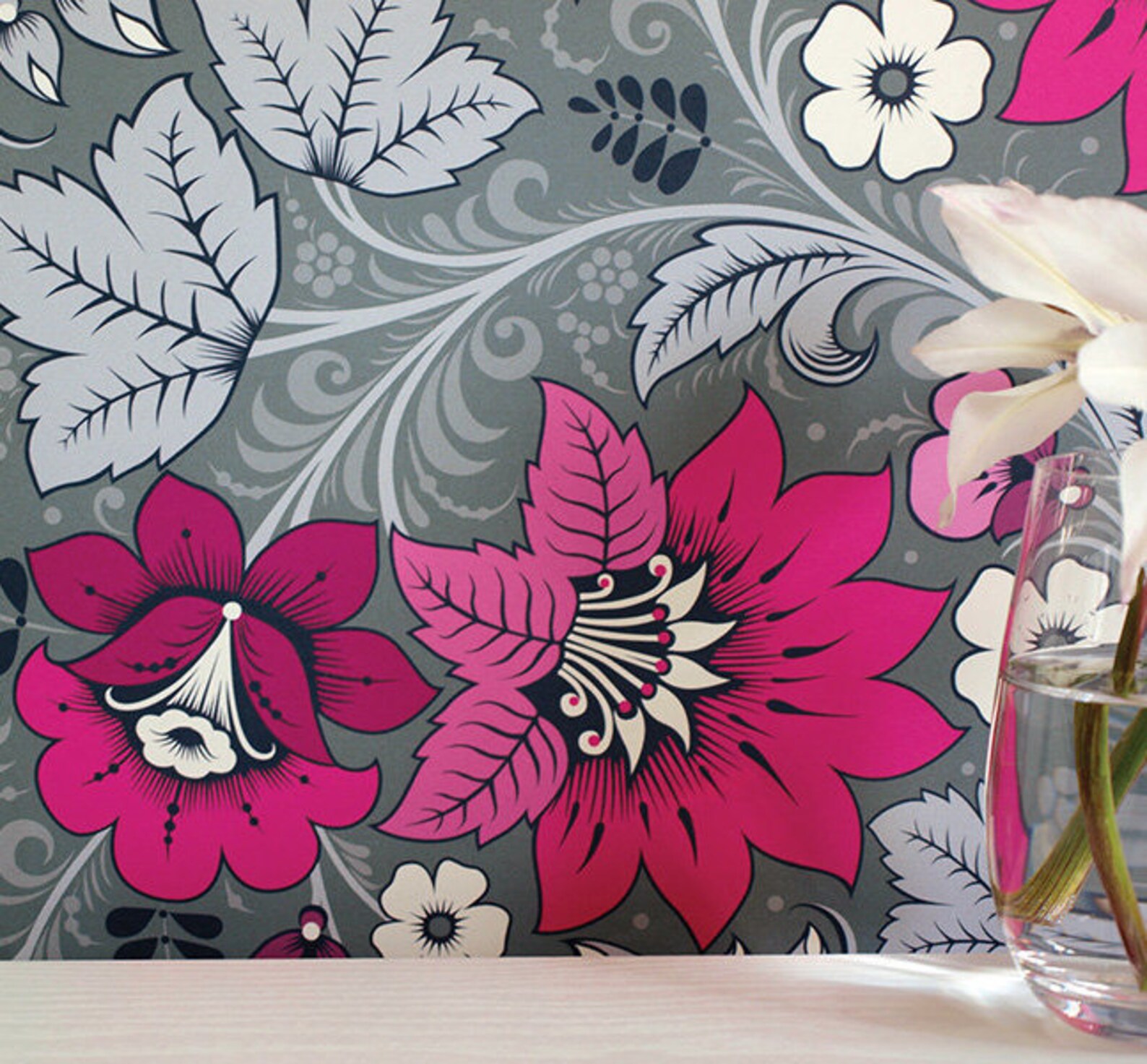 Pink and Grey Floral Wallpaper, Hot Pink Decor, Designer Wallpaper