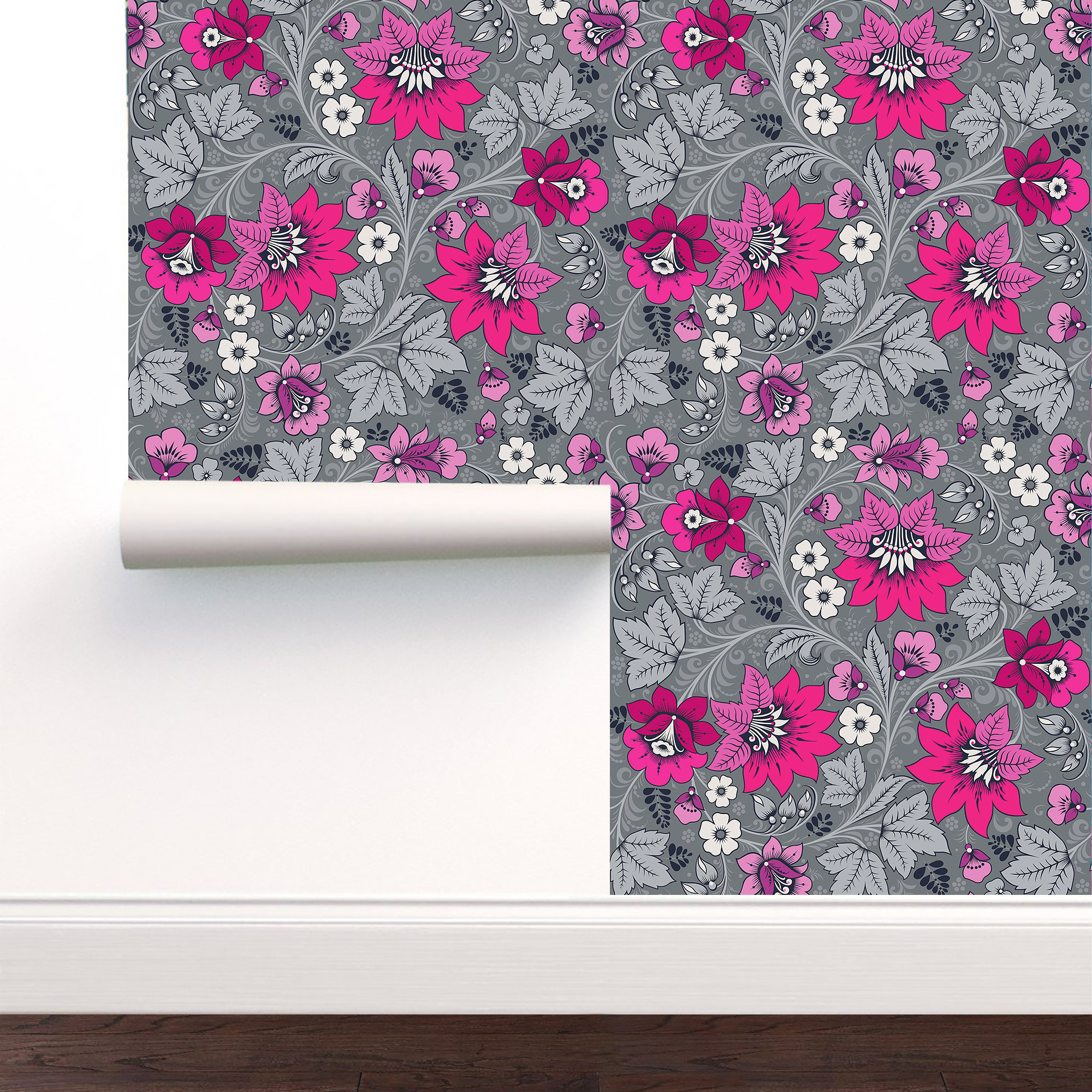Pink and Grey Floral Wallpaper, Hot Pink Decor, Designer Wallpaper