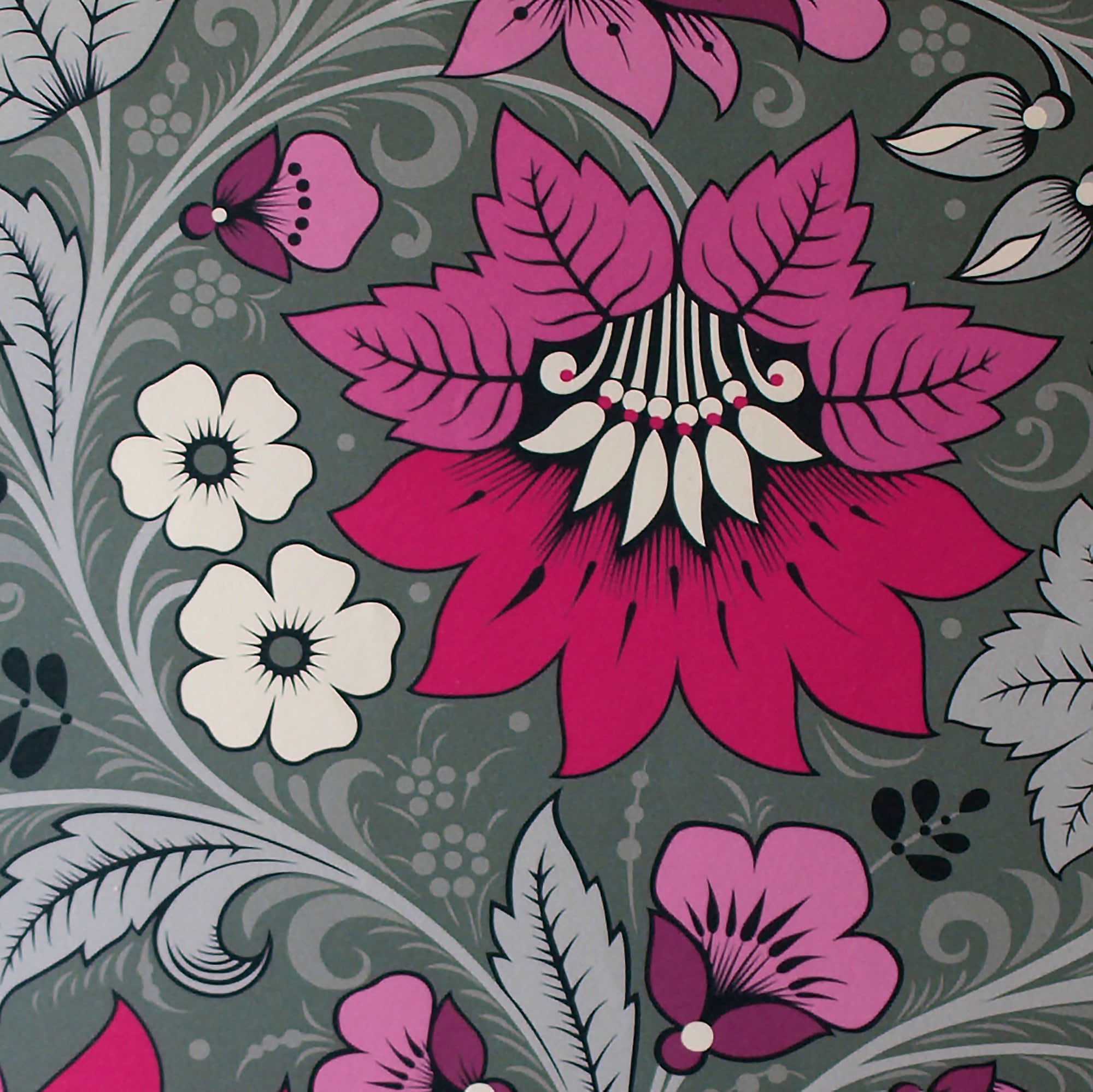 Pink and Grey Floral Wallpaper, Hot Pink Decor, Designer Wallpaper