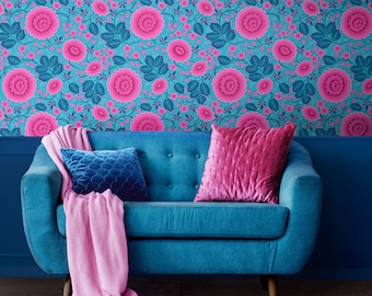 Bold Floral Wallpaper, Pink and Blue, Large Pink Flowers, Wall Decor, Wallcoverings,  Bohemian Wallpaper, Turquoise