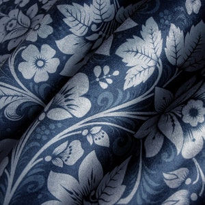 Navy Floral Velvet, Upholstery Fabric, Printed Velvet, Dark Blue Flowers, Dark Floral Velvet, Craft, Curtains, Bags, Soft Furnishings