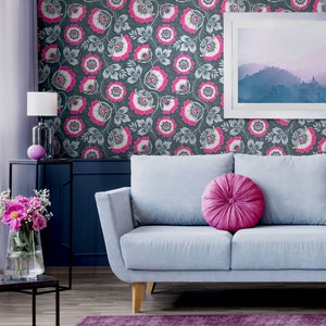 Pink Floral Wallpaper Sample: Grey Maximalist Wall Covering