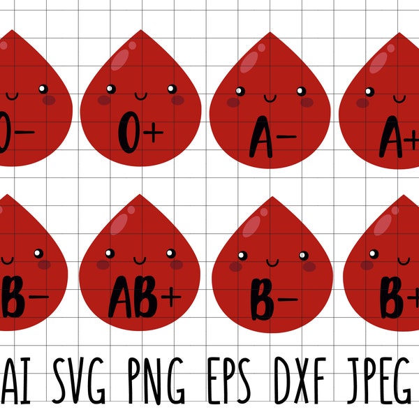 Kawaii Blood Type Drops Vector Medical Blood Donation Clip Art Cutting File Vinyl Transfer Embroidery Scrap Svg Dxf Eps Jpeg Ai Png