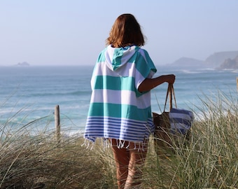 Serviette de plage à capuche - Tunique de plage - Poncho de bain - 100 % coton