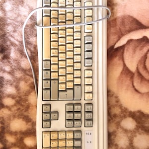 May include: A white and beige computer keyboard with a coiled cable. The keyboard has a number pad, function keys, and arrow keys. The keys are labeled with letters and numbers.