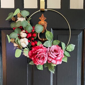Glittering Christmas and Valentine's Day Rose and Berry and Eucalyptus and Cotton Hop Wreath, Winter Wreath, Gold Hoop Holiday Wreath