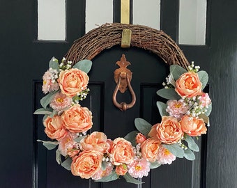 Summer Peach Colored Rose Grapevine Wreath with Baby's Breath and Pink Flowers and Greenery-Spring Front Door Wreath with Roses