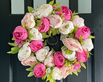 Pink and White Peony Spring Summer Wreath for Front Door