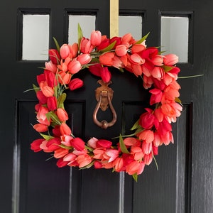 Red and Orange Tulip Summer Wreath - Tulip Embroidery Hoop Wreath for Front Door