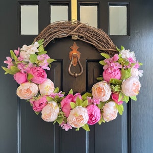 Asymmetrical Bright Pink Peony Spring Summer Wreath for Front Door