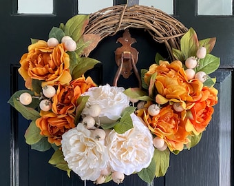 Fall Orange Peony Grapevine Wreath for Front Door with Cream Berries