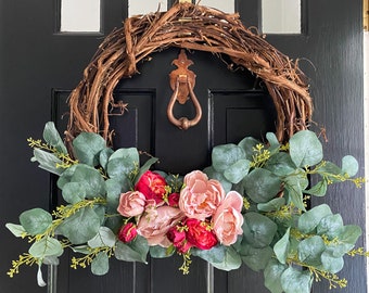 Spring Pink Rose, Peony, Eucalyptus Grapevine Wreath - Pink Flower Wreath - Summer Pink Peony and Rose Grapevine Wreath with Eucalyptus