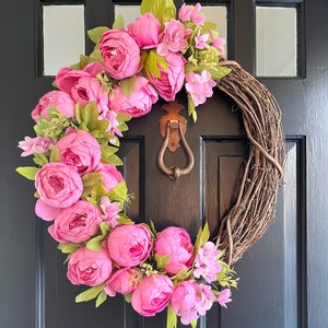 Bright Pink Peony Spring Summer Wreath for Front Door