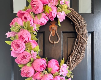 Corona de primavera y verano de peonía rosa brillante para la puerta principal