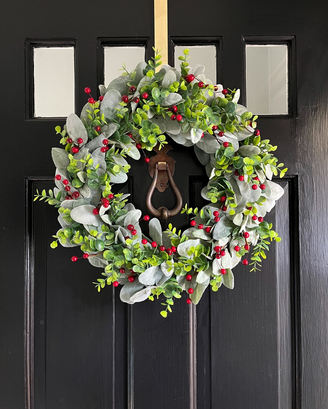 Farmhouse Christmas Front Door Wreath With Lamb's Ear, Eucalyptus and ...