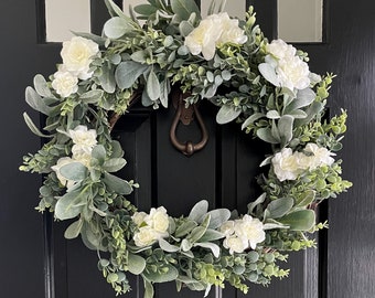 White Rose Spring Greenery Wreath, Eucalyptus and Lamb's Ear Wall Hanging