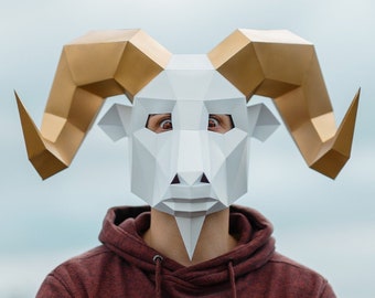 Ziegen-/Widdermaske aus Papier | Druckbare Vorlagen, 3D-Maske, geometrisch, polygonal, hausgemacht, herunterladbares Muster, DIY-Kostüm