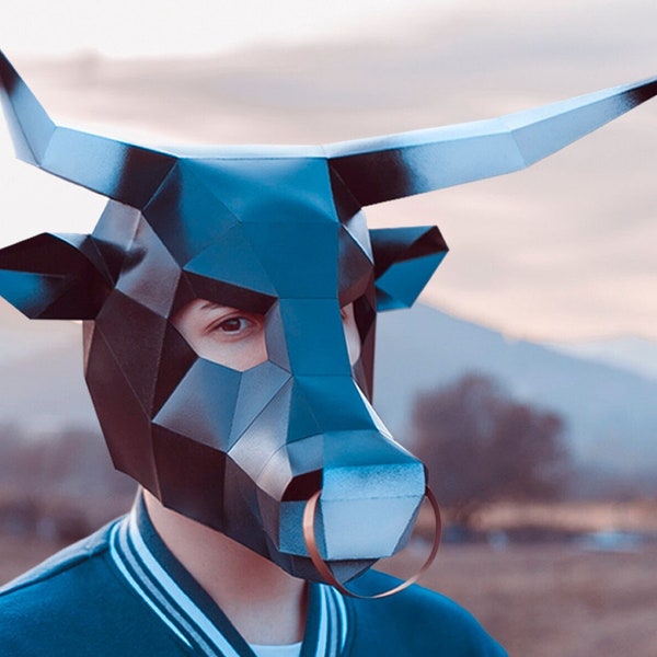 Masque de taureau / vache en papier | Modèles imprimables, Masque 3D, Géométrique, Polygonale, Fait maison, Patron téléchargeable, Costume DIY