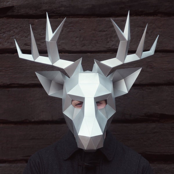 Masque de renne/cerf en papier | Modèles imprimables, masque 3D, géométrique, polygonal, fait maison, modèle téléchargeable, costume de bricolage