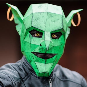 Groene Kobold/Papieren Kobold Masker | Printbare Sjablonen, 3D Masker, Geometrisch, Veelhoekig, Downloadbaar Patroon, DIY Kostuum