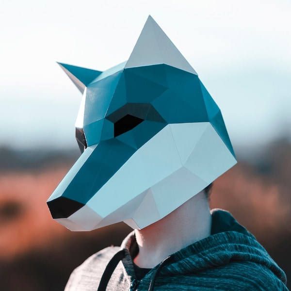 Chien en papier / masque de loup | Modèles imprimables, Masque 3D, Géométrique, Polygonale, Fait maison, Patron téléchargeable, Costume DIY