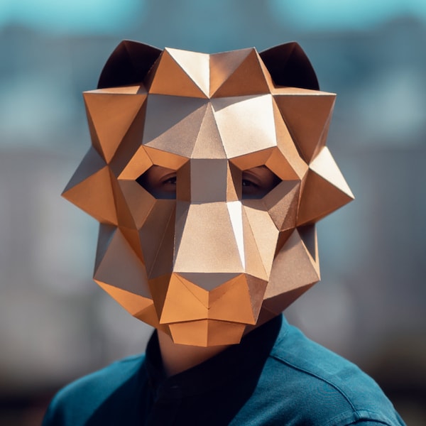 Masque de lion en papier | Modèles imprimables, Masque 3D, Géométrique, Polygonale, Fait maison, Patron téléchargeable, Costume DIY