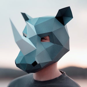 Masque de rhinocéros en papier | Modèles imprimables, masque 3D, géométrique, polygonal, fait maison, motif téléchargeable, costume DIY