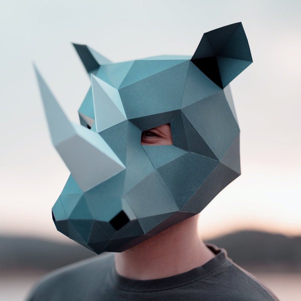 Masque de rhinocéros en papier | Modèles imprimables, Masque 3D, Géométrique, Polygonale, Fait maison, Patron téléchargeable, Costume DIY