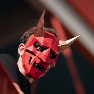 Japanese Demon Mask, Oni, Hannya  | DIY Paper Mask, Printable Template, Papercraft, 3D Mask, Polygon, Low Poly, Geometric, Costume, Pattern