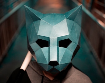 Papierkatzenmaske | Druckbare Vorlagen, 3D-Maske, geometrisch, polygonal, selbstgemacht, herunterladbares Muster, DIY-Kostüm, PDF