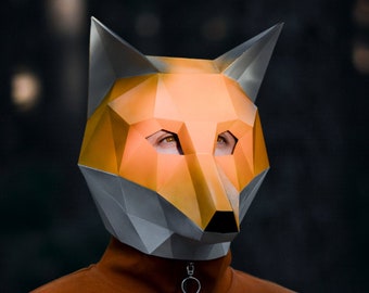 Papierfuchsmaske | Druckbare Vorlagen, 3D-Maske, geometrisch, polygonal, hausgemacht, herunterladbares Muster, DIY-Kostüm, PDF