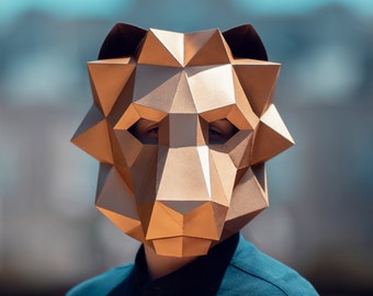 Löwenmaske aus Papier | Druckbare Vorlagen, 3D-Maske, geometrisch, polygonal, hausgemacht, herunterladbares Muster, DIY-Kostüm