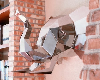 Elephant Head for Wall, Metal Animal Sculpture / Statue | Polygonal, Geometric, Low Poly, Figure made of Stainless Steel