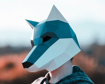 Papierhund / Wolfsmaske | Druckbare Vorlagen, 3D-Maske, geometrisch, polygonal, hausgemacht, herunterladbares Muster, DIY-Kostüm